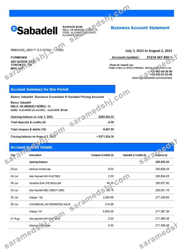 BANCO Sabadell firm statement Word and PDF template